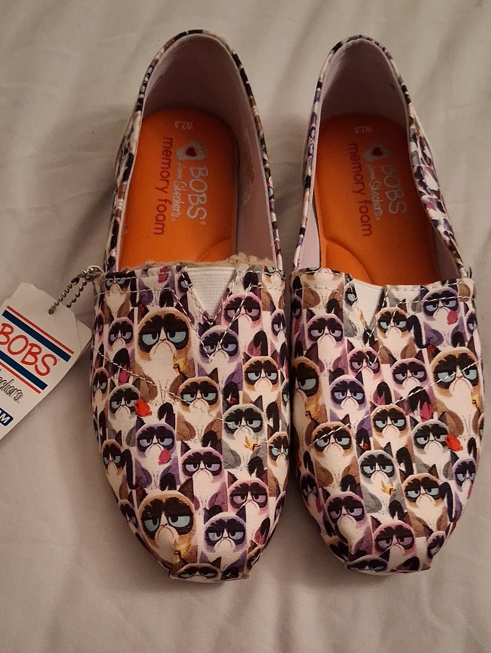 Skechers BOBS Memory Foam Cat Print Slip-On Shoes in White, Purple, Brown